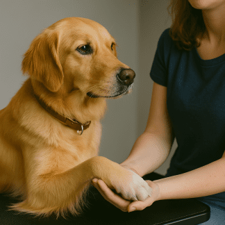 Hund har sin tass i en kvinnas händer