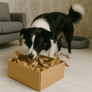 Hund som letar godis i kartong