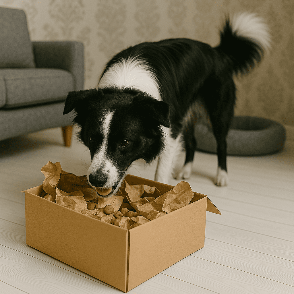 Hund som letar godis i kartong