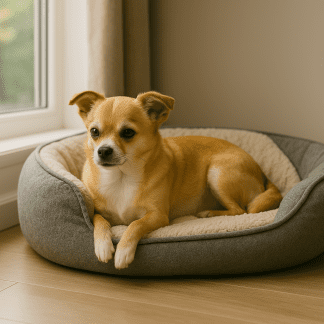 Hund som ligger i en bädd