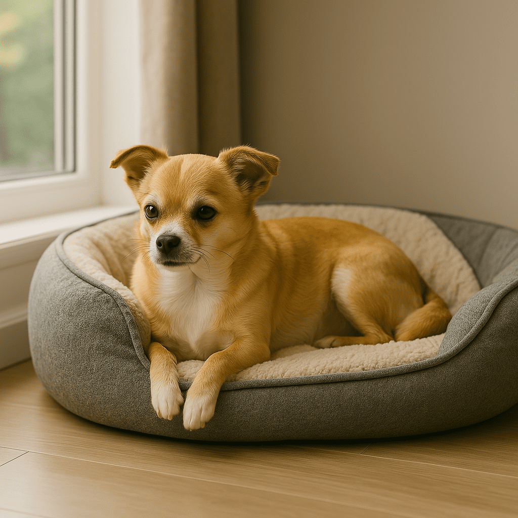 Hund som ligger i en bädd