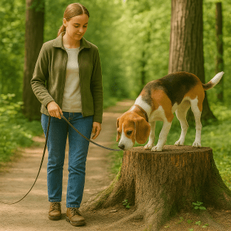Människa och hund på promenad i skogen. Hunden står på en stubbe.