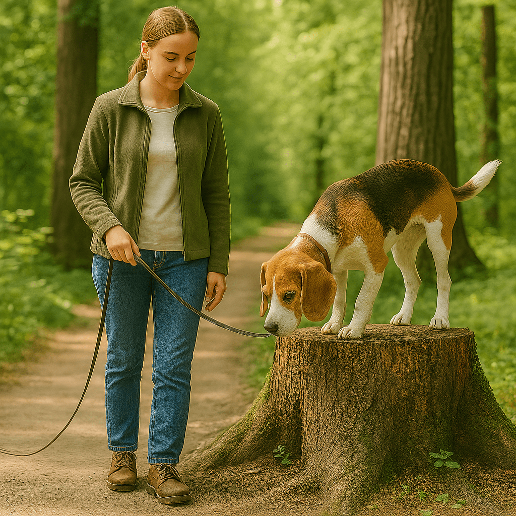 Människa och hund på promenad i skogen. Hunden står på en stubbe.
