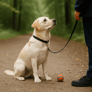 hund som uppvisar impulskontroll genom att titta på sin ägare och strunta i bollen som ligger på marken