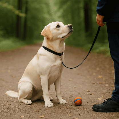hund som uppvisar impulskontroll genom att titta på sin ägare och strunta i bollen som ligger på marken